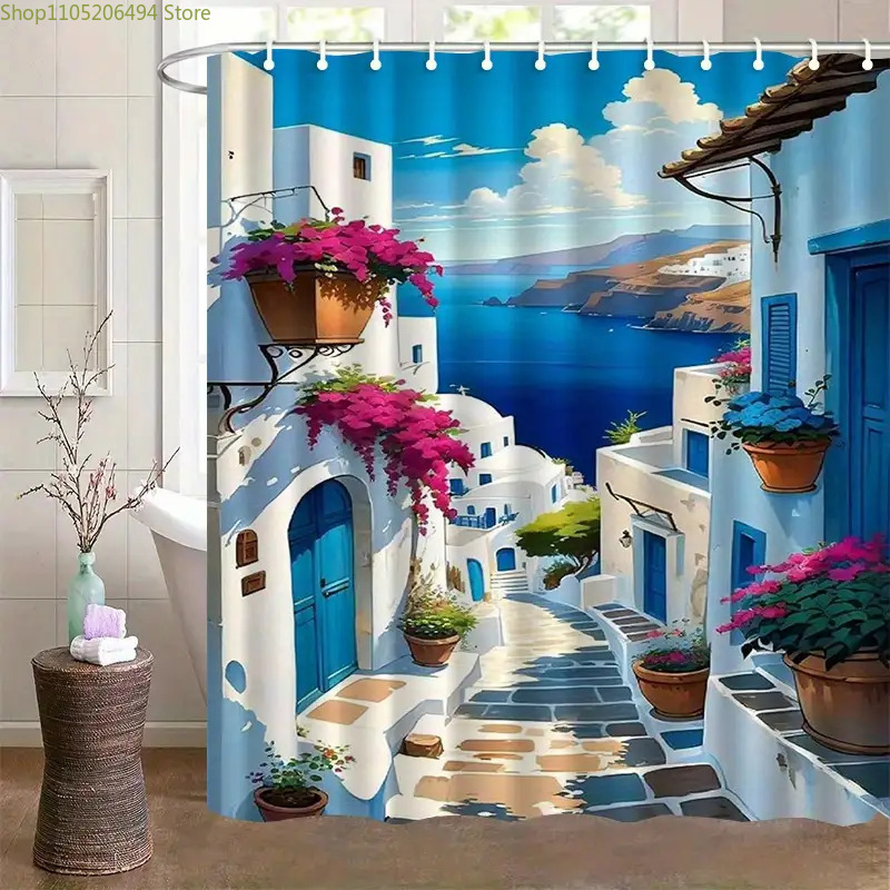 Home Bathroom Decor Ideas - Santorini Greek Island Shower Curtain Blue